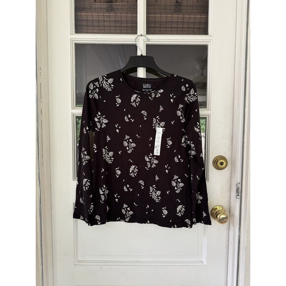 New Croft & Barrow Crew neck long sleeve Floral 100% cotton Tee top L Black - Picture 5 of 7